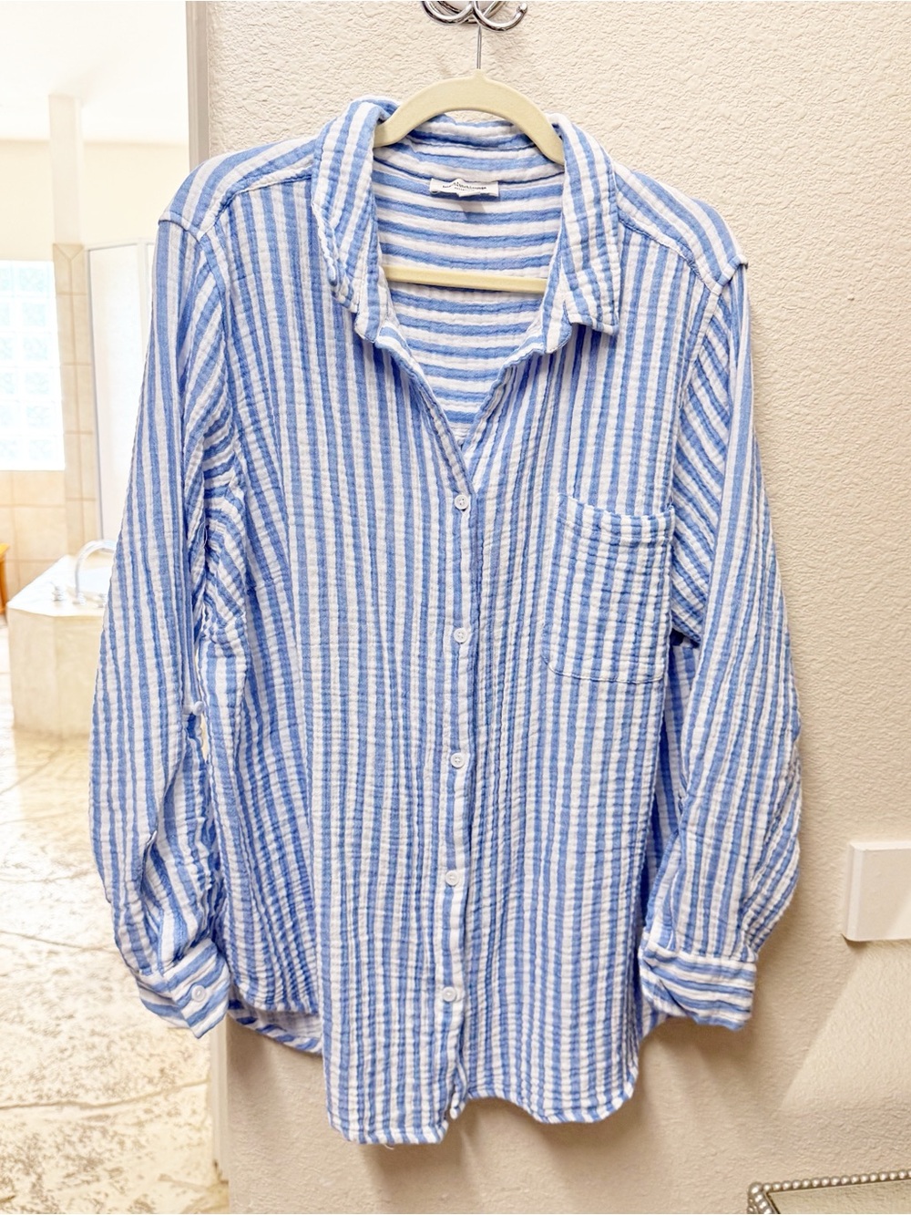 beachlunchlounge Gauze White and Light Blue Striped Button-Down Shirt Plus 1X